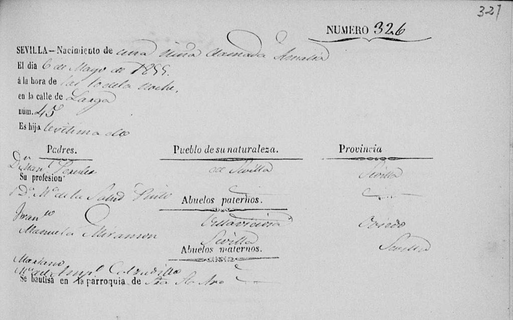 Acta de nacimiento de Amalia Peruyera Pinto.