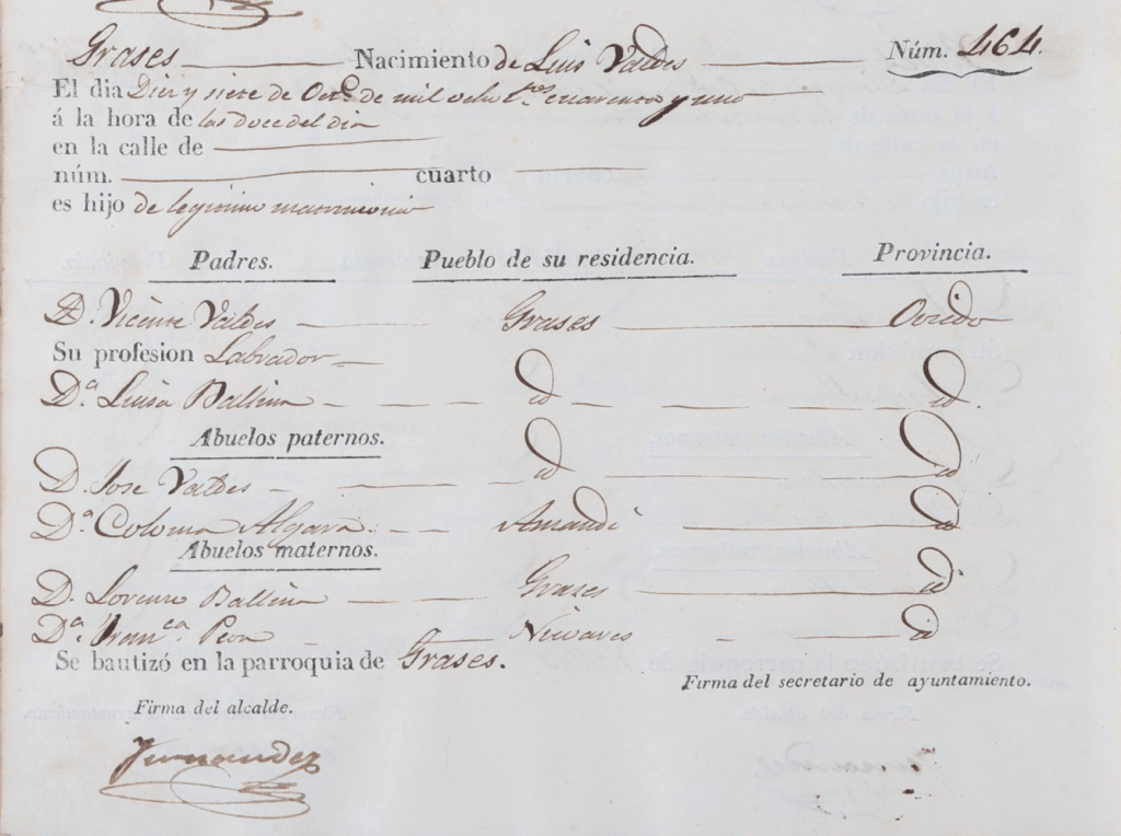 Acta de nacimiento de Luis Valdés Ballina.