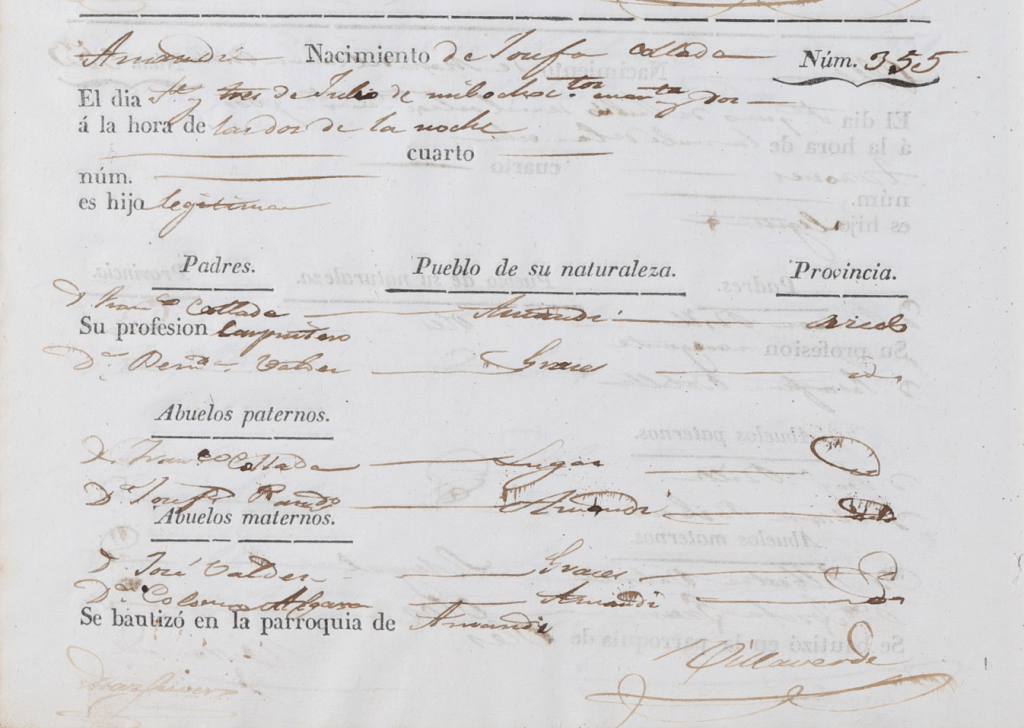 Acta de nacimiento de Josefa Collada Valdés.