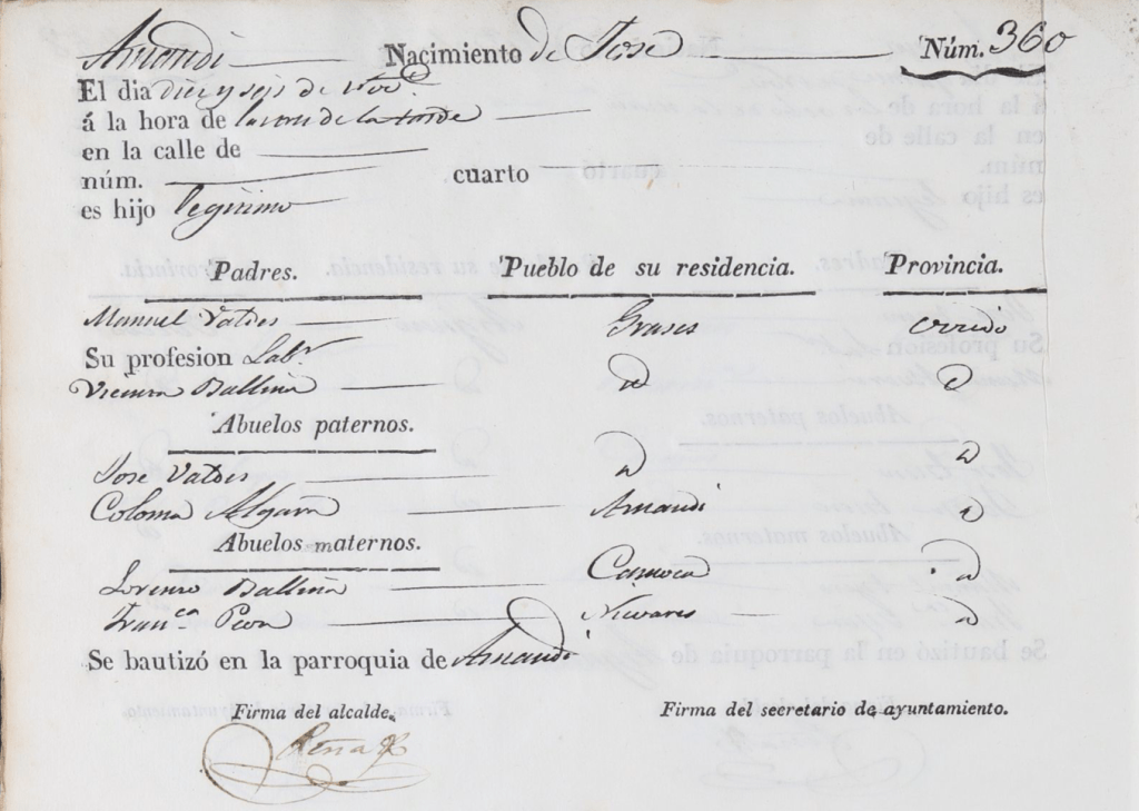 Acta de nacimiento de José Valdés Ballina.