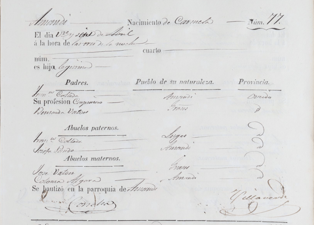 Acta de nacimiento de Carmela Collada Valdés.