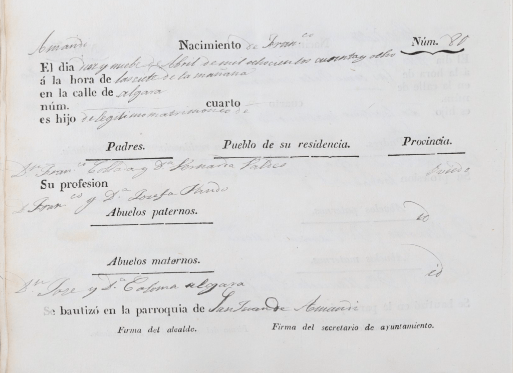 Acta de nacimiento de Francisco Collada Valdés.