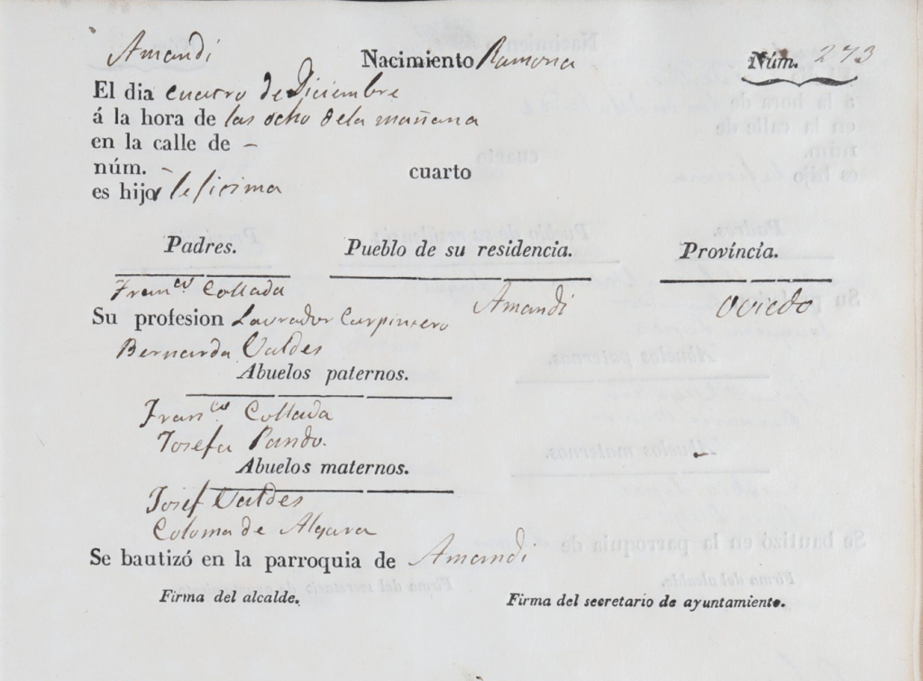 Acta de nacimiento de Ramona Collada Valdés.