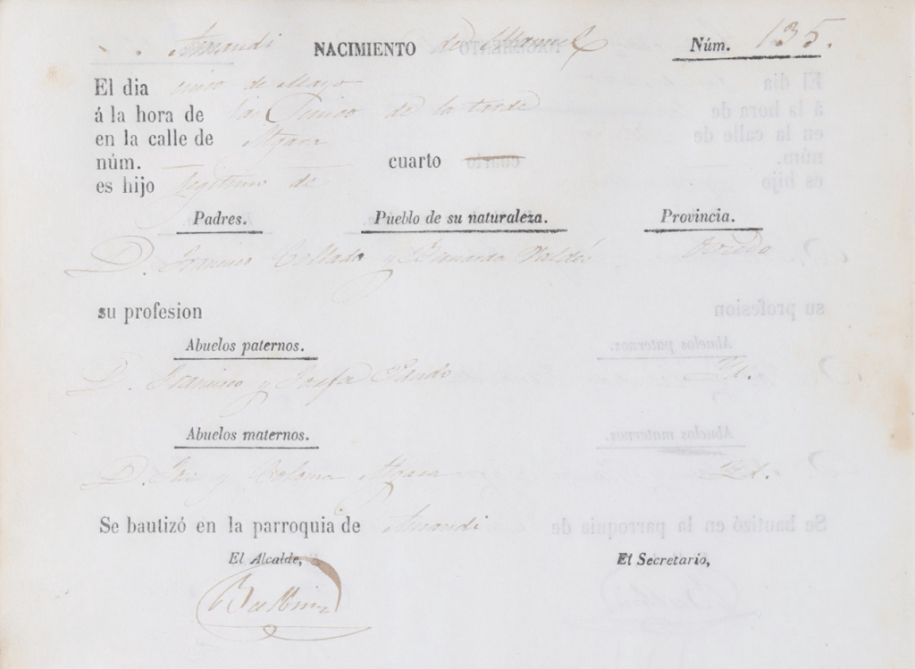 Acta de nacimiento de Manuel Collada Valdés.