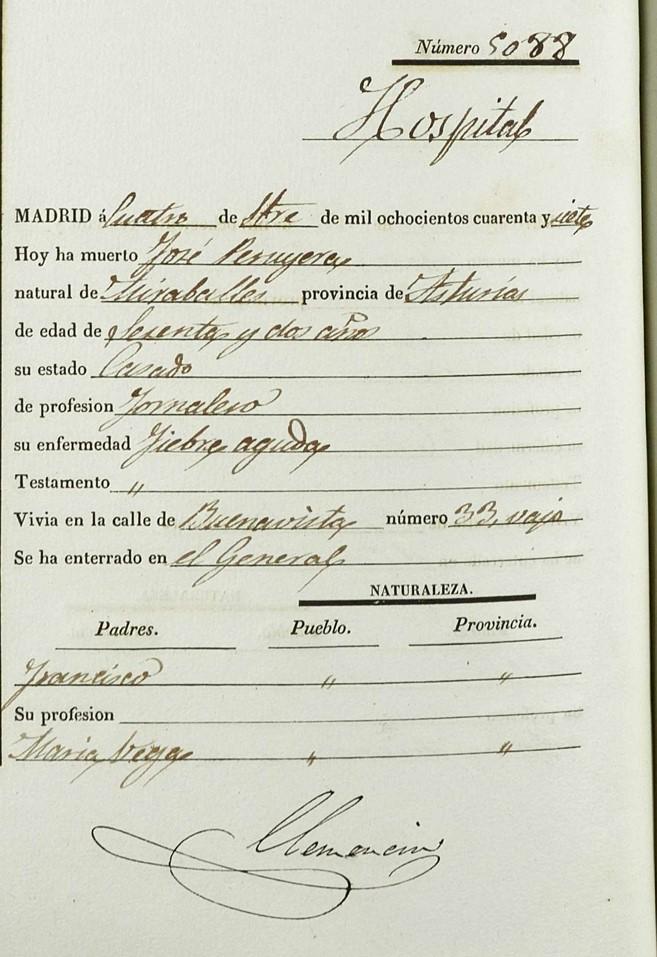 Certificado de defunción de José Peruyera de La Vega.