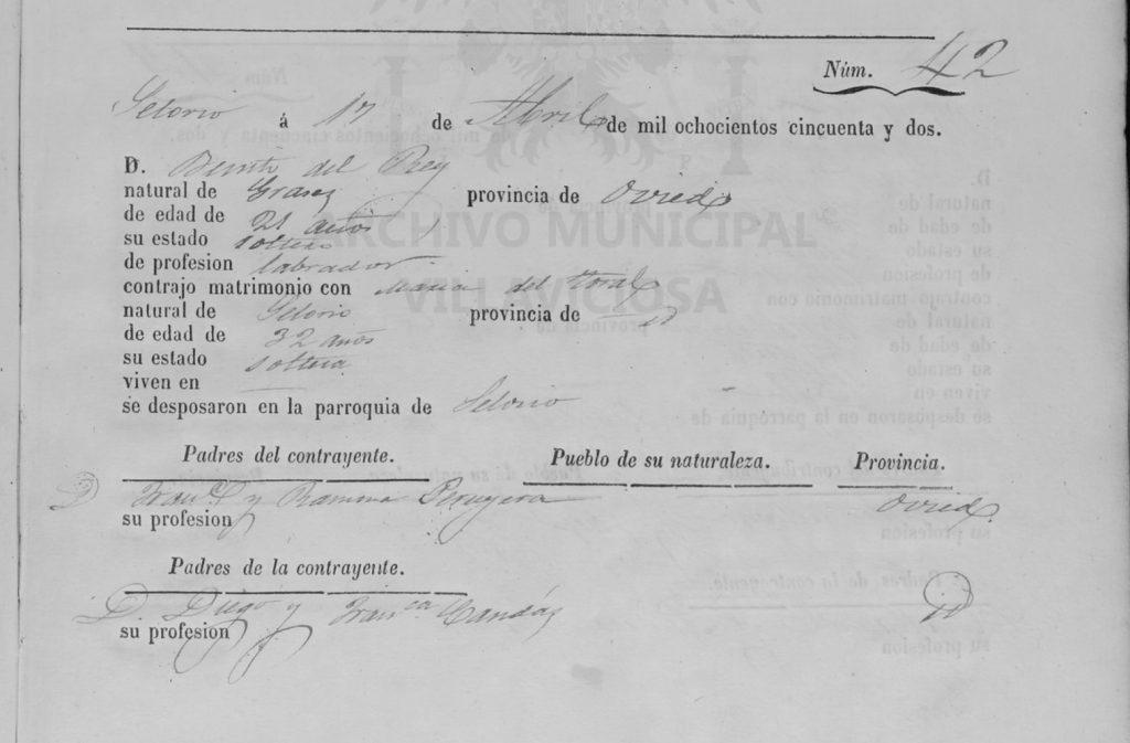 Acta de matrimonio de Benito Rey Peruyera con María Toral Candas.