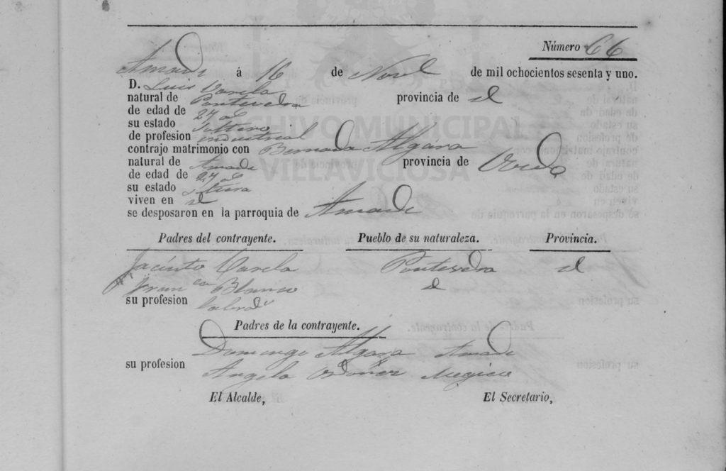 Acta de matrimonio de Bernarda Algara Ordoñez con Luis Varela Blanco.