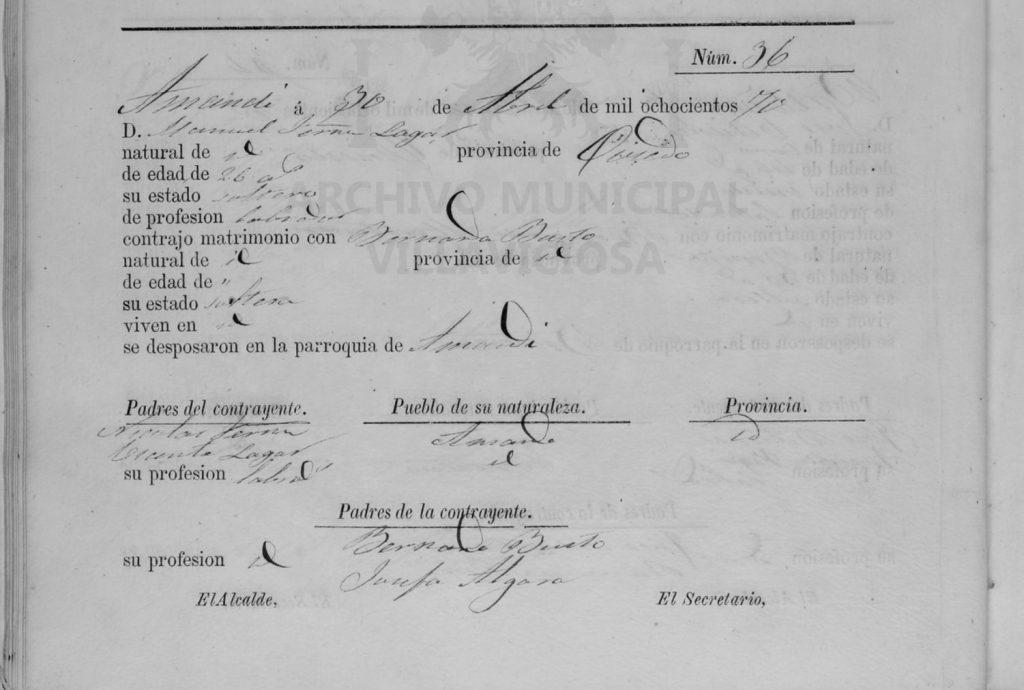 Acta de matrimonio de Bernarda Busto Algara con Manuel Fernández Lagar. 