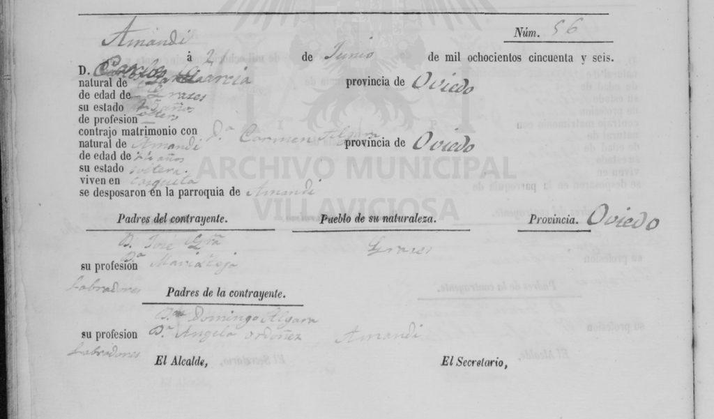 Acta de matrimonio de Carmen Algara Ordoñez con Carlos García Teja.