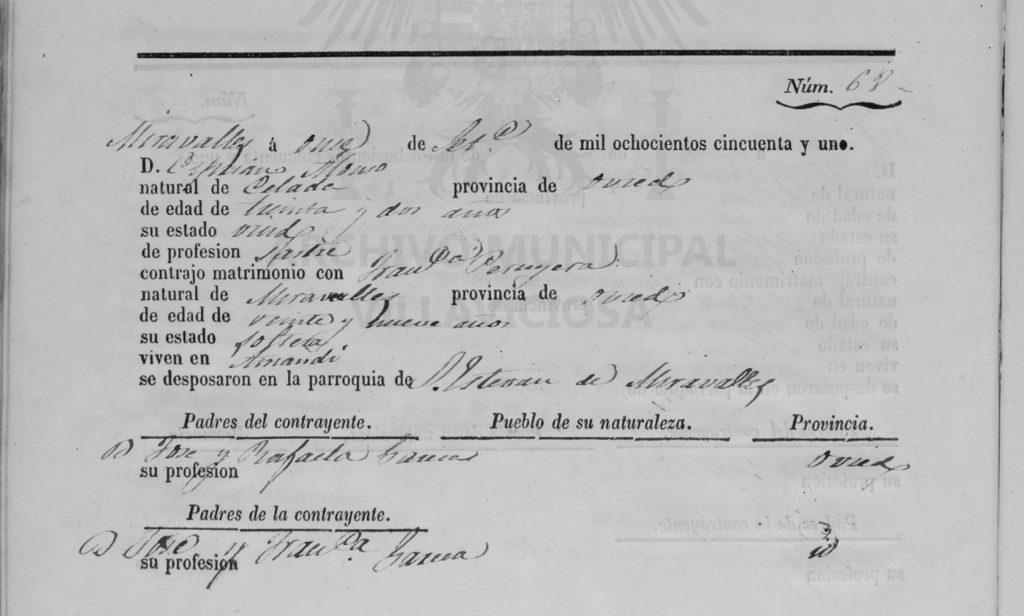 Acta de matrimonio de Francisca Peruyera García con Cipriano Alonso García.