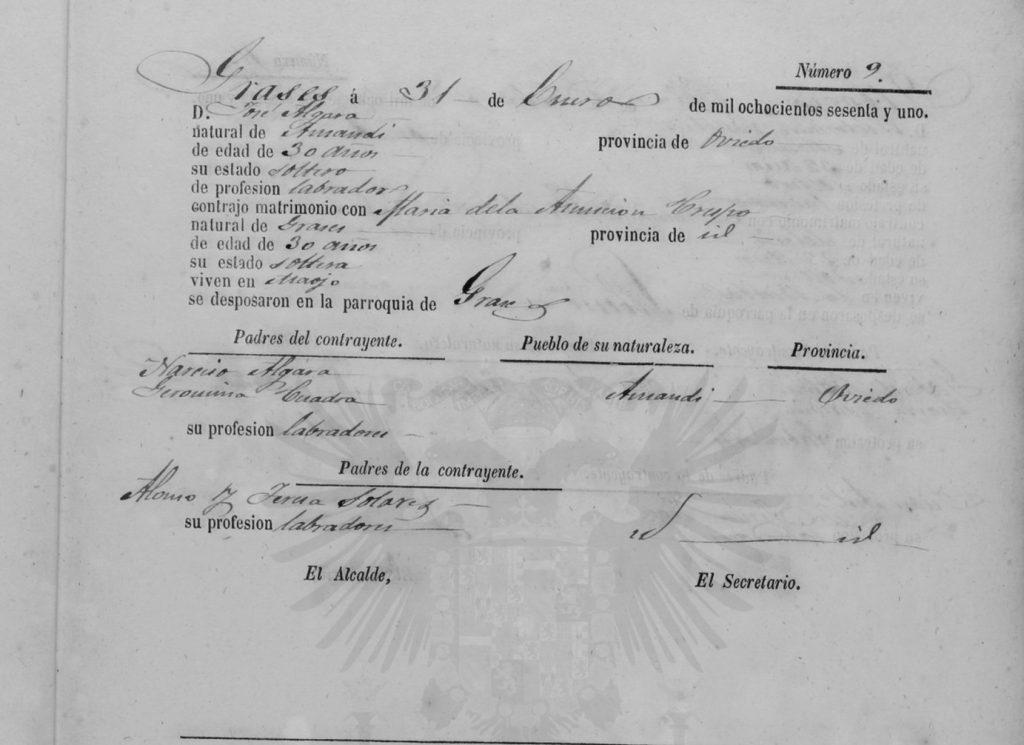 Acta de matrimonio de José Algara Cuadra con María de la Asunción Crespo Solares.