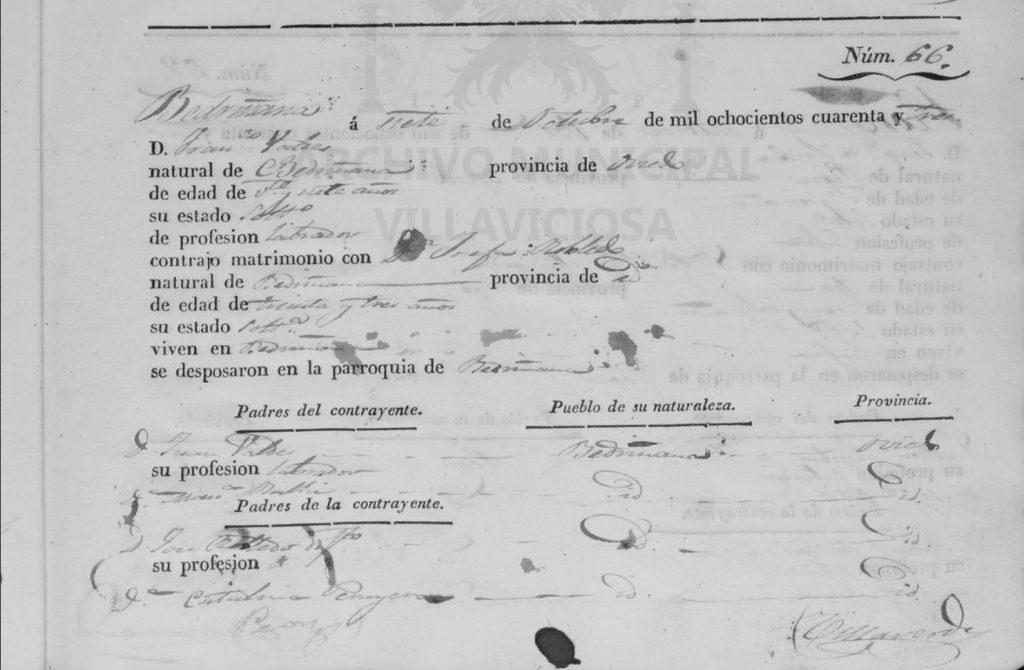 Acta de matrimonio de Josefa Robledo Peruyera con Francisco Valdés Vallin.