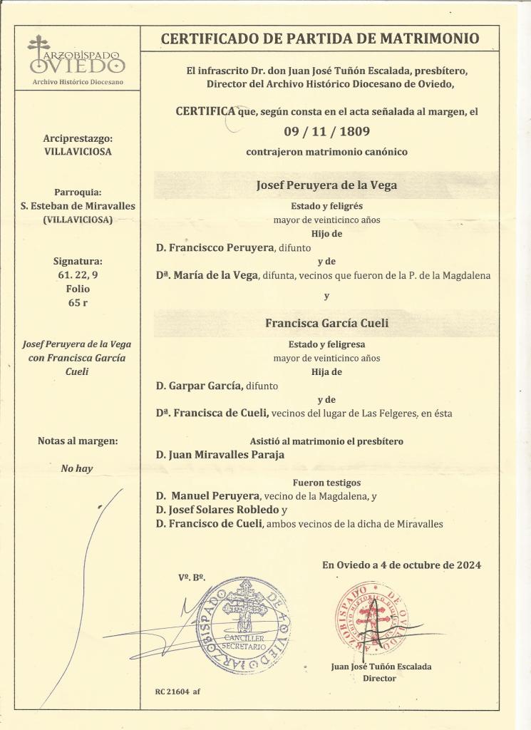 Copia del acta de matrimonio de José Peruyera de La Vega con Francisca García Cueli.