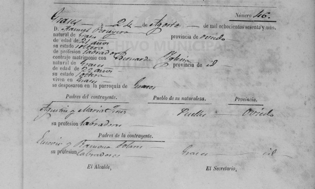 Acta de matrimonio de Manuel Peruyera Fernández con Bernarda Iglesias Solares.