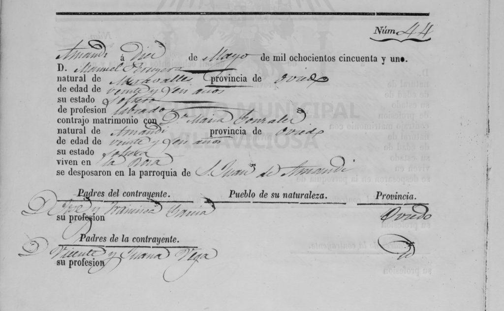 Acta de matrimonio de Manuel Peruyera García con María González de La Vega.