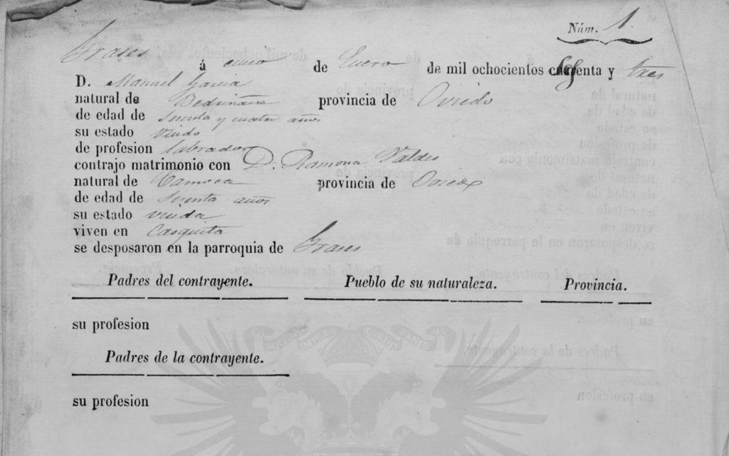 Acta de matrimonio de Ramona Valdés Ballina con Manuel García.