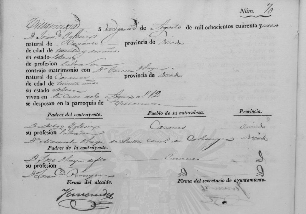 Acta de matrimonio de Teresa Obaya Peruyera con Francisco Yglesia Obaya.