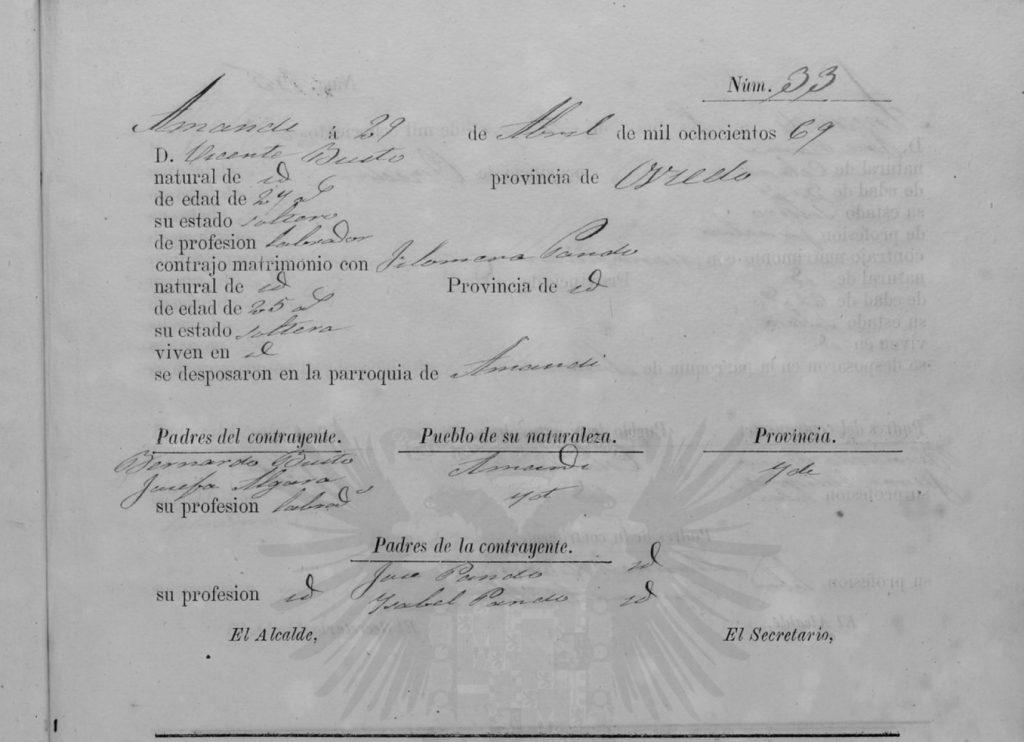 Acta de matrimonio de Vicente Busto Algara con Filomena Pando Pando.