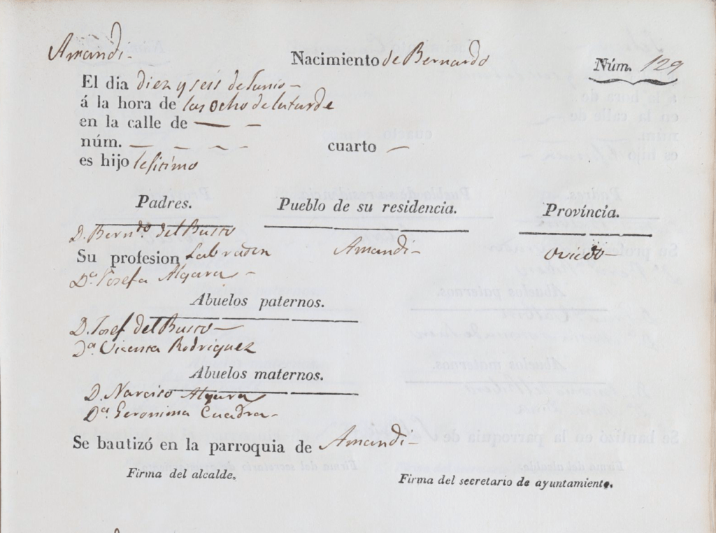 Extracto del acta de nacimiento de Bernardo Busto Algara.