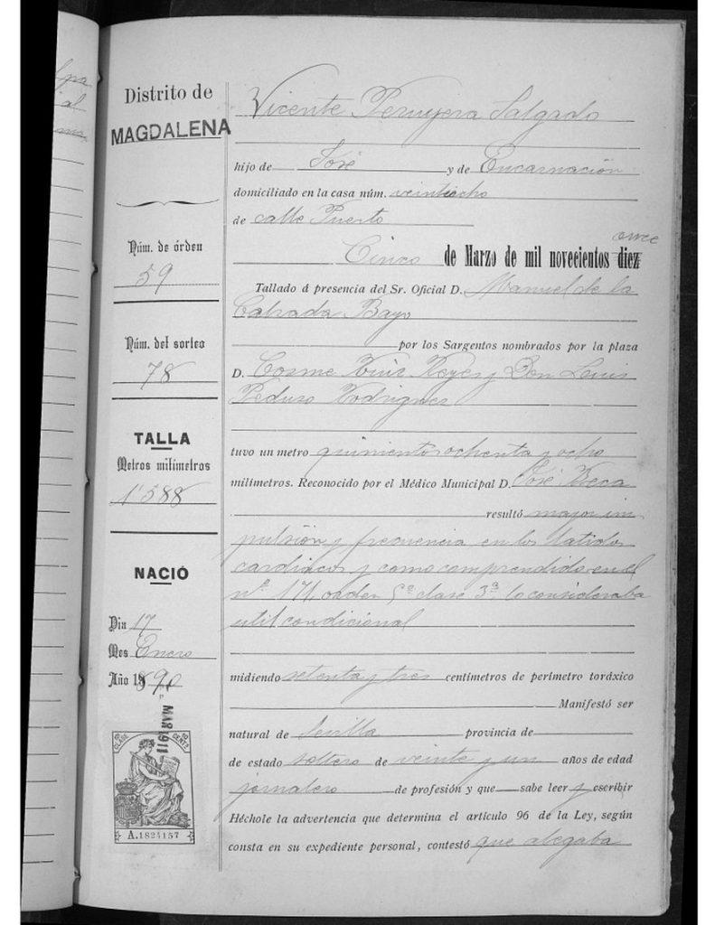 Alistamiento de Vicente Peruyera Salgado.