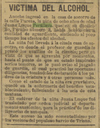 Articulo de prensa sevillana refiriendo a las causas del fallecimiento de Juana Luque Peruyera.
