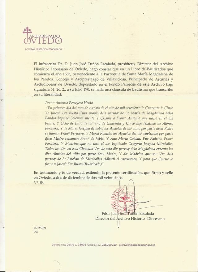 Certificado de bautismo de Francisco Antonio Peruyera de Hevia.