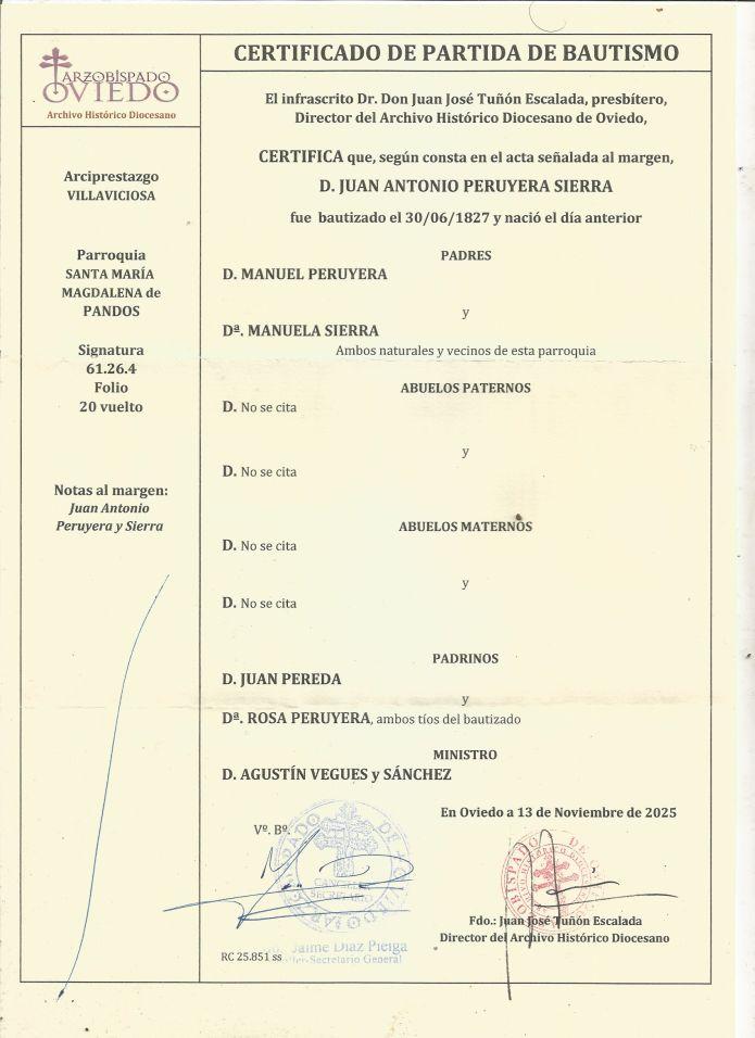 Certificado de bautismo de Juan Antonio Peruyera Sierra.
