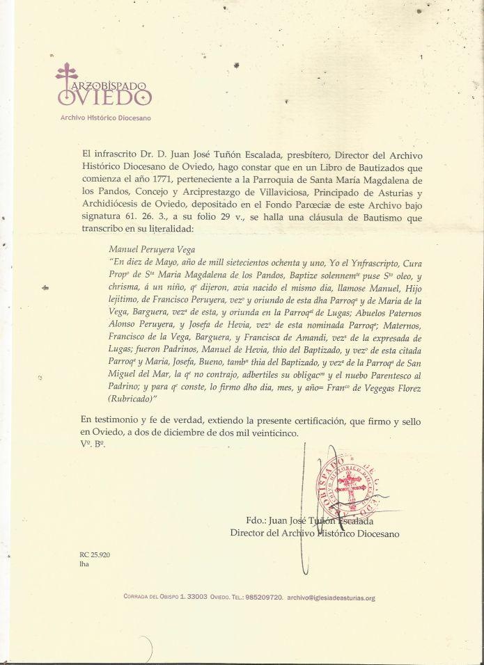 Certificado de bautismo de Manuel Peruyera de La Vega.