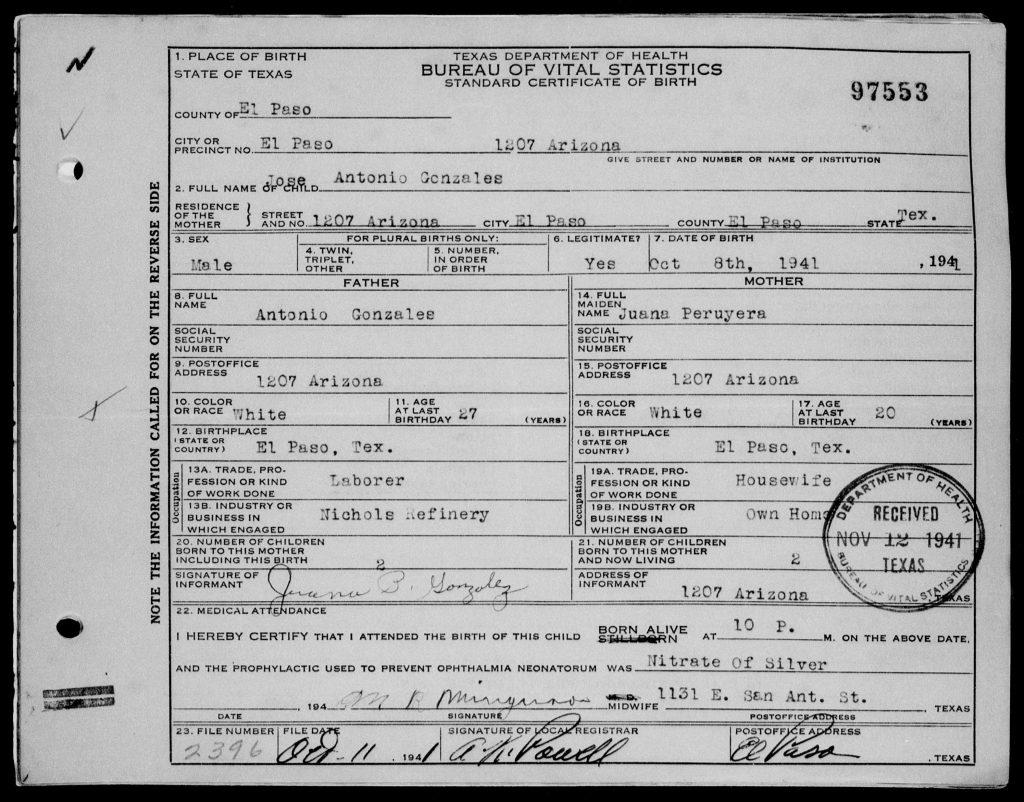 Registro de nacimiento de José Antonio González Peruyera.
