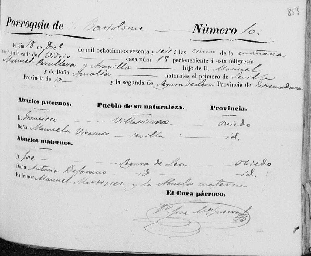 Acta de bautismo de Manuel Peruyera Aradilla.