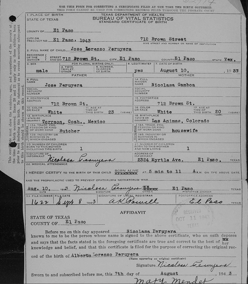 Nacimiento EEUU José Lorenzo Peruyera Gamboa.